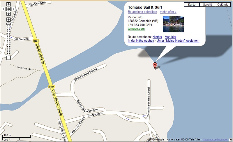 Karte2.jpg - Das Schild mit dem "A" zeigt jeweils die Lage von TOMASO SAIL & SURF am Lido in Cannobio an.