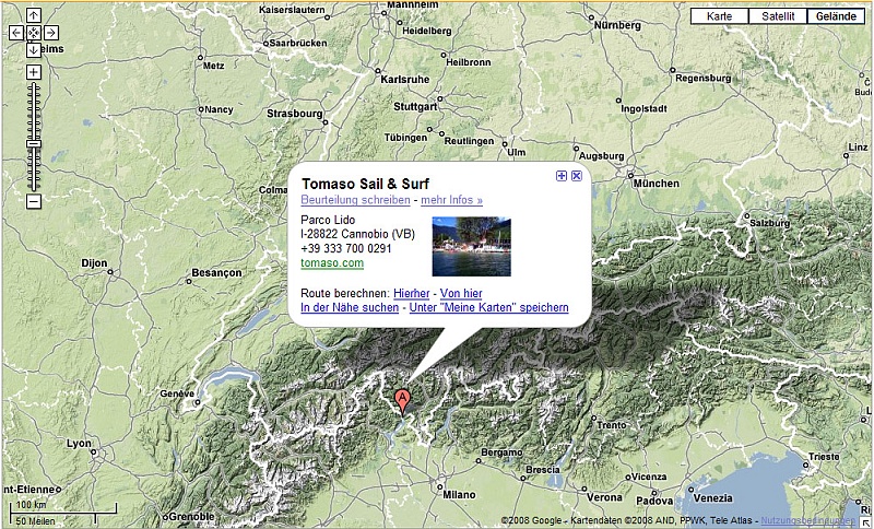 Karte7.jpg - Das Schild mit dem "A" zeigt jeweils die Lage von TOMASO SAIL & SURF am Lido in Cannobio an.